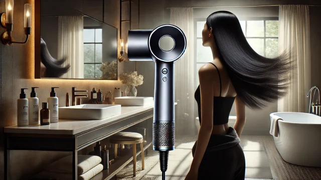 Dyson Supersonic ヘアドライヤー ブラック/ニッケルを使って髪を乾かしている女性。モダンで高級感のあるバスルームで、風量の強さと速乾性を強調したシーン。